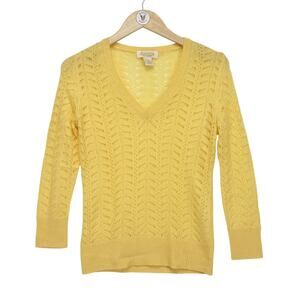 Peck & Peck 100% Cashmere Pointelle Knit Sweater S Yellow Lacey Preppy Feminine